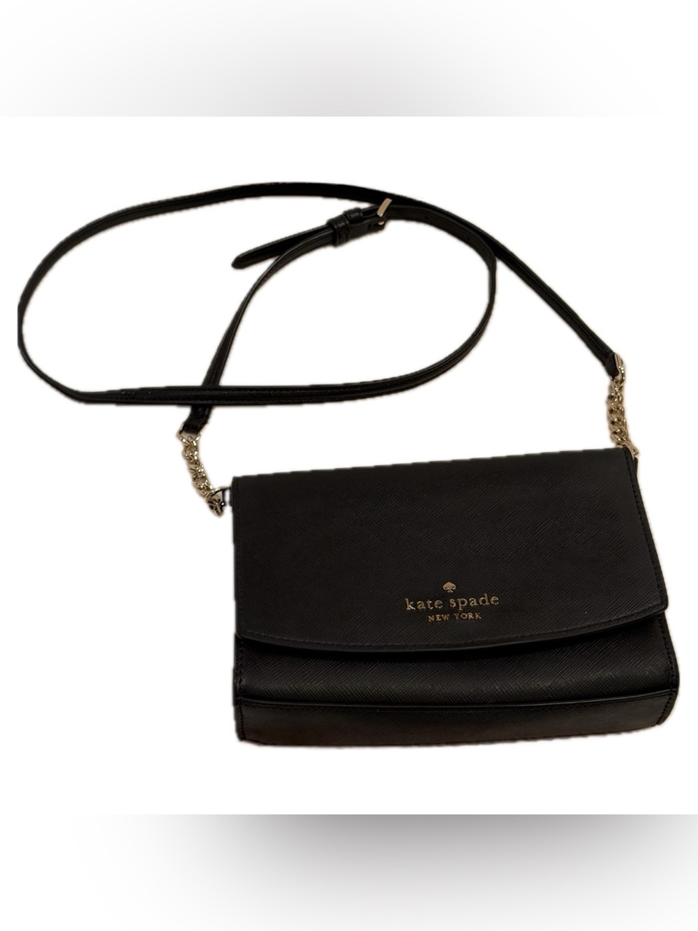 kate spade black leather crossbody bag with gold logo